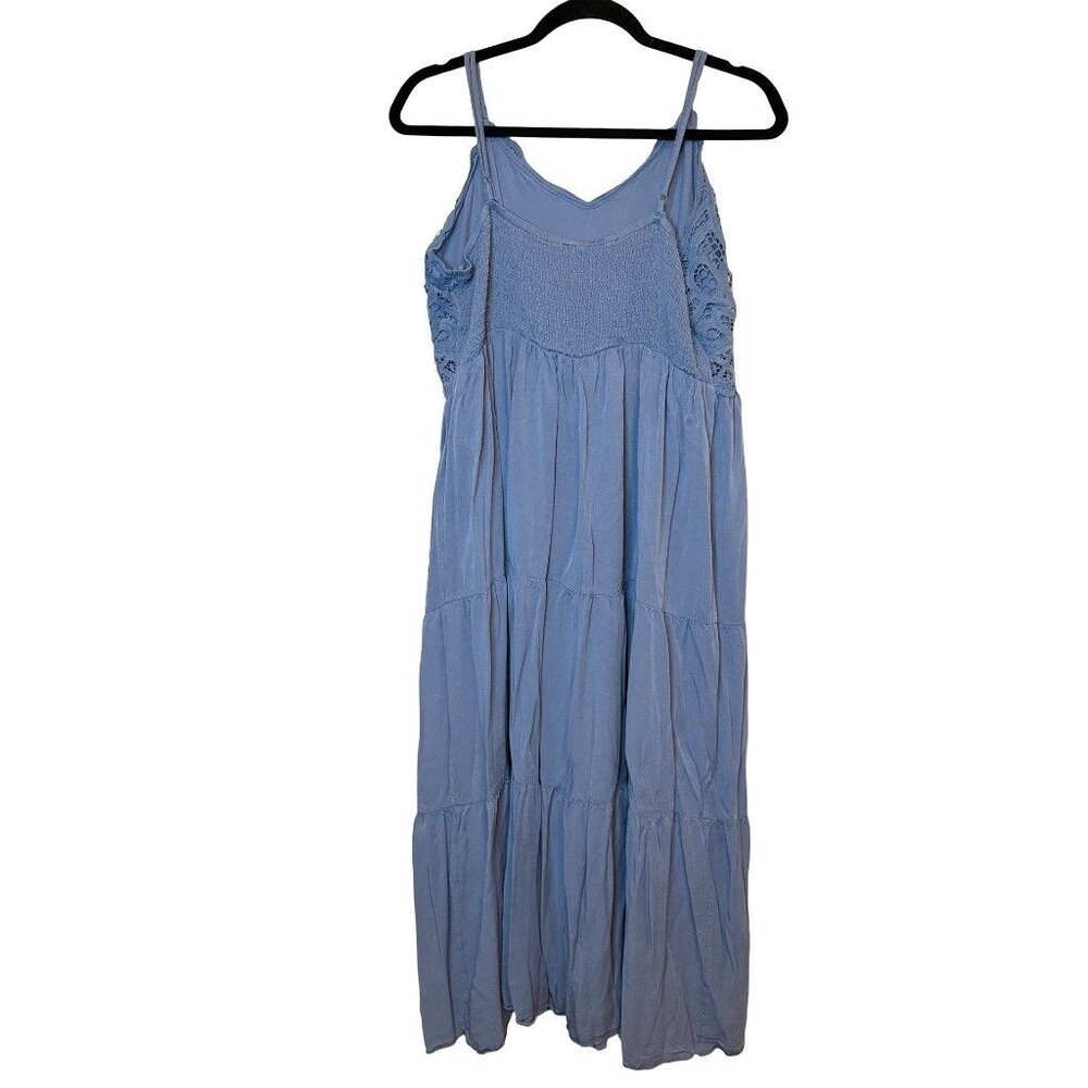 Blue Crochet Lace Bodice Tiered Midi Dress Boho Smocked Back Sundress Size XL - Picture 5 of 8
